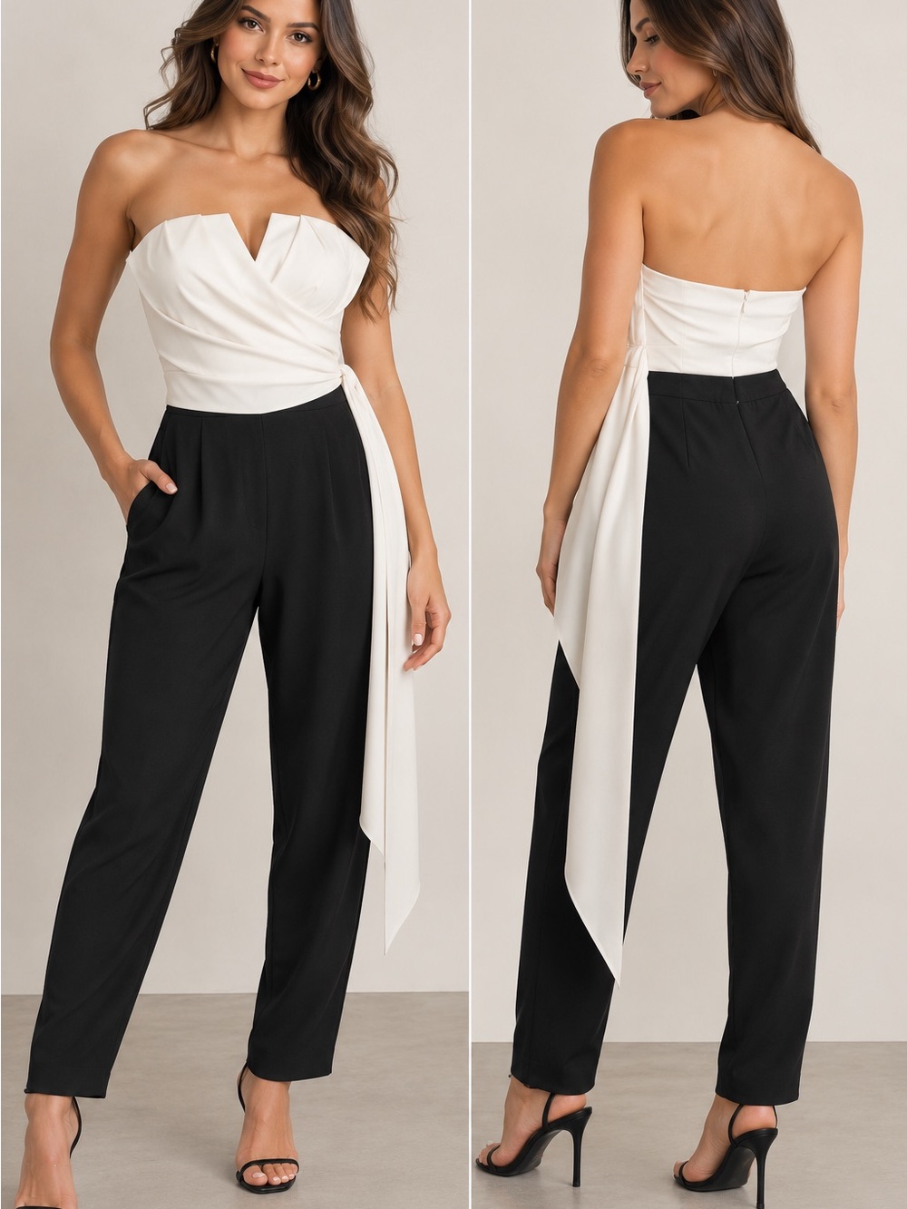 VENUS Two-Tone Strapless Jumpsuit in White & Black